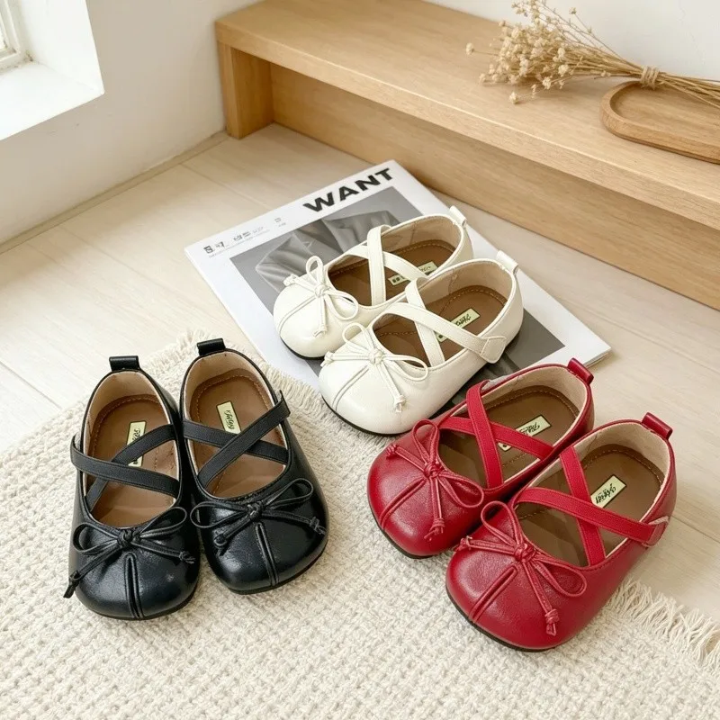 Toddler Girls Bow Mary Jane Flats Crisscross Strap Soft Non‑Slip Flat Sole Dress Shoes For Party Holiday Daily Wear