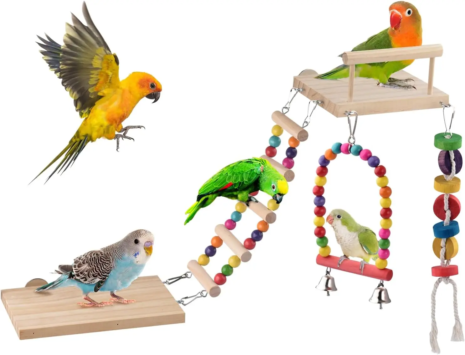 

5in1 Bird Parakeet Toys, Detachable Birdie Perches Platform Swing with Climbing Ladder, Parrot Cage Stand Accessories