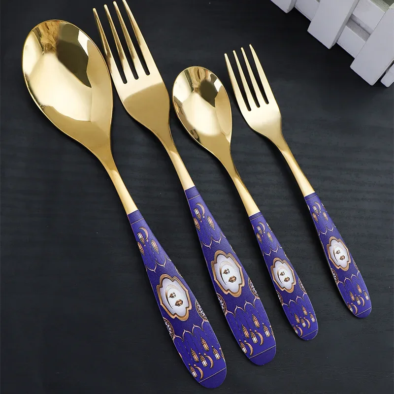 16pcs Luxunry Dinnerware Flatware Set Stainless Steel Pattern Handle Silverware Dinenr Fork Spoon Tableware Cutlery For Ramadan
