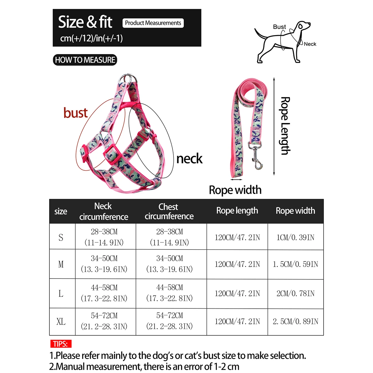 A set of camouflage reflective chest and harness set for small and medium-sized dogs to go out for a walk and a lead rope for ca