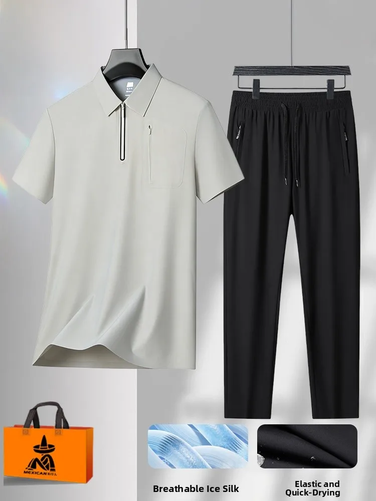 

Summer Ice Silk Shirt And Shorts Quick Dry Sports Set Two Piece Suit for Dad Middle-Aged Men's Casual Wear Lyocell Fabric