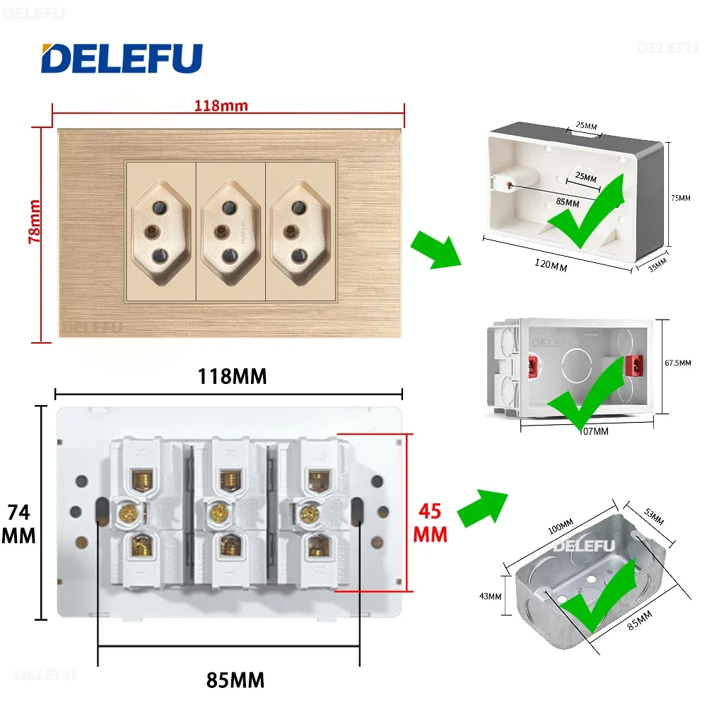 DELEFU pannello spazzolato in alluminio dorato 4*2 Swiss, presa a muro Standard brasiliana 10A 20A, presa a muro di ricarica di tipo C