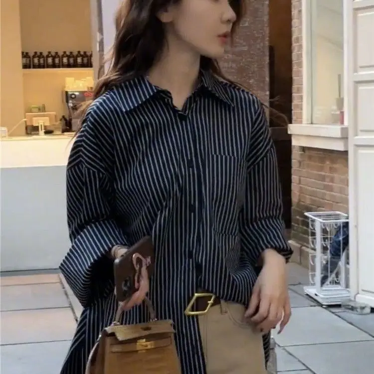 Korean Style Trendy Back Bow Design Long Sleeved Shirt for Women Summer Hong Kong Style Retro Color Blocked Striped Loose Top