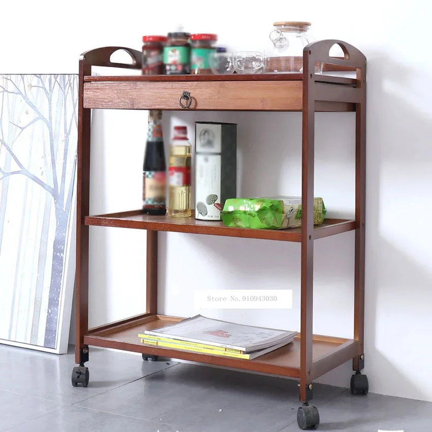 New Movable Bamboo Dining Trolley 3/4 Layer Tea Dining Cart Small Living Room Side Cabinet Beauty Salon Trolley Kitchen Shelf