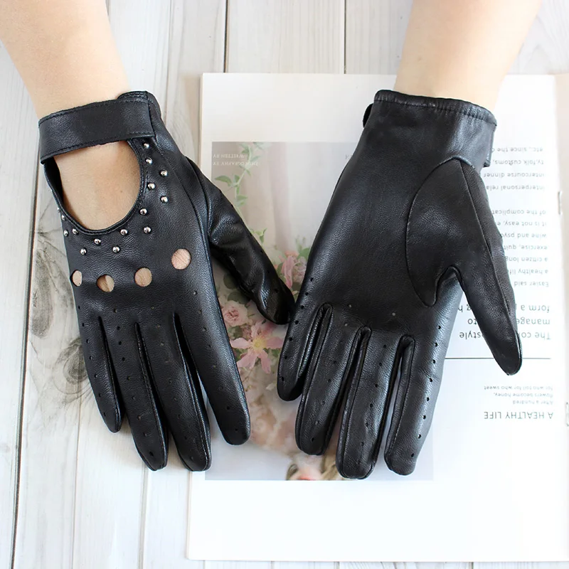 Goatskin Driving Driver Leather Gloves Women\'s Thin Outdoor Motorcycle Riding Fashion Hollow Rivet Spring Summer