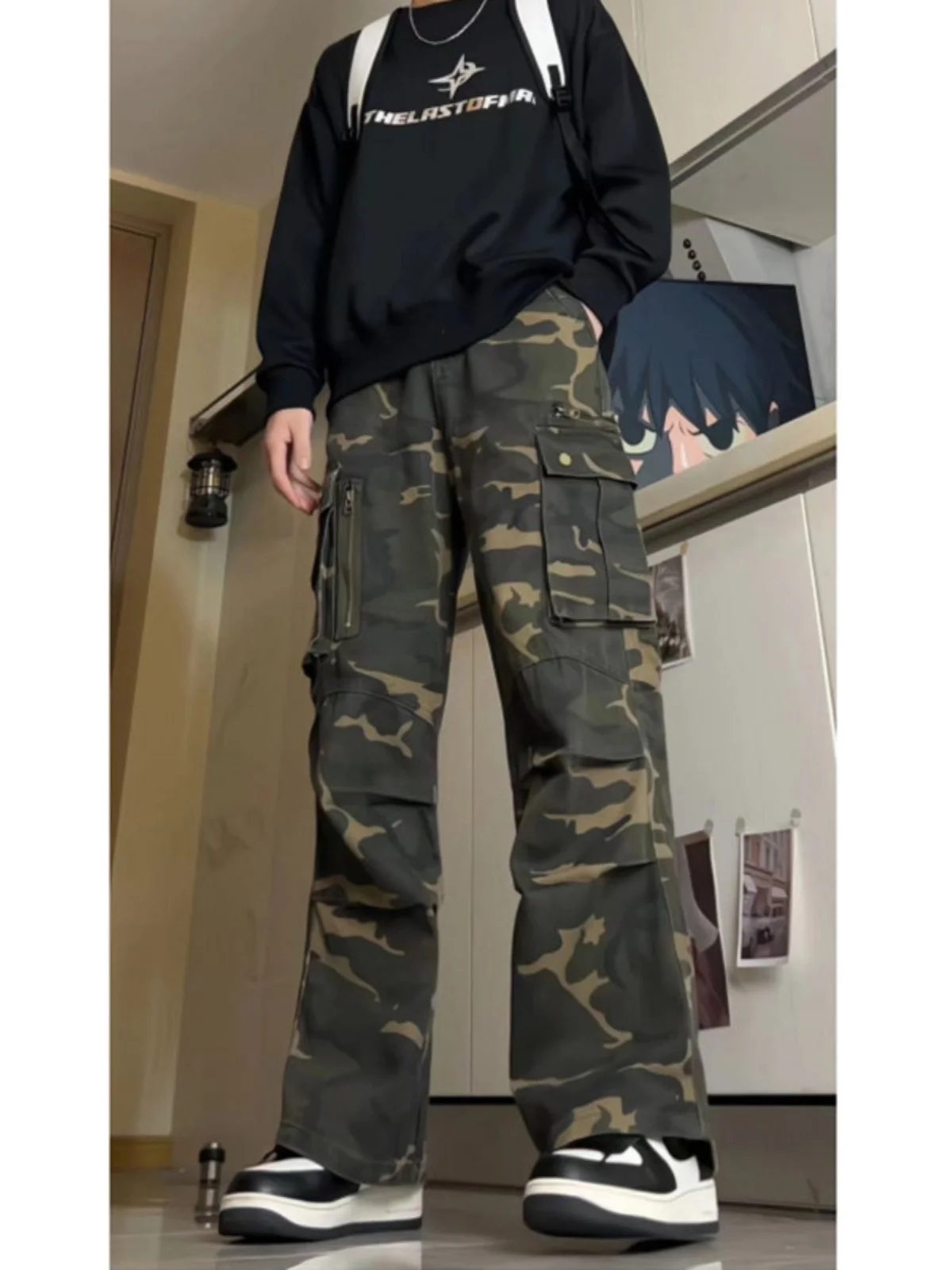 

Американские винтажные камуфляжные рабочие брюки свободного кроя с широкими штанинами, мужские джинсы с заниженной проймой в уличном стиле, прямые джинсы