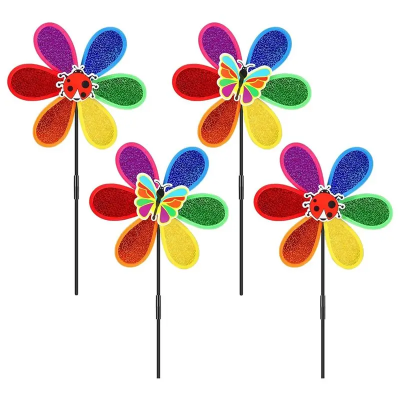 AS63-4Pcs Pinwheels For Garden,Colorful Flower Rainbow Garden Windmill,Wind Lawn Pinwheels Garden Windmills Durable Easy Install