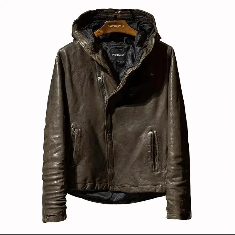 LNY!Wholesales.Men luxury tanned sheepskin jacket.Brown Fashion cool genuine leather coat.Vintage style real hoody