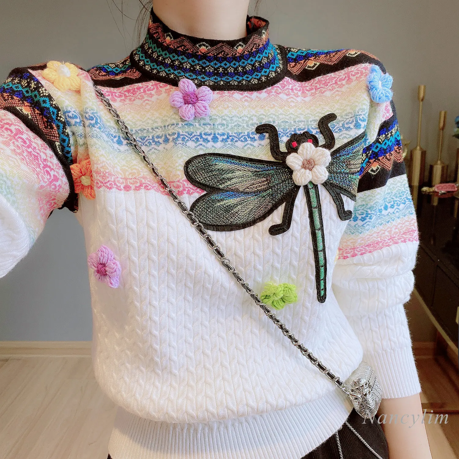 Women Spring Fall Contrast Color Twist Crocheted Sweater 3D Flowers Dragonfly Embroidered Pullovers Hooked Knitwear Crop Tops