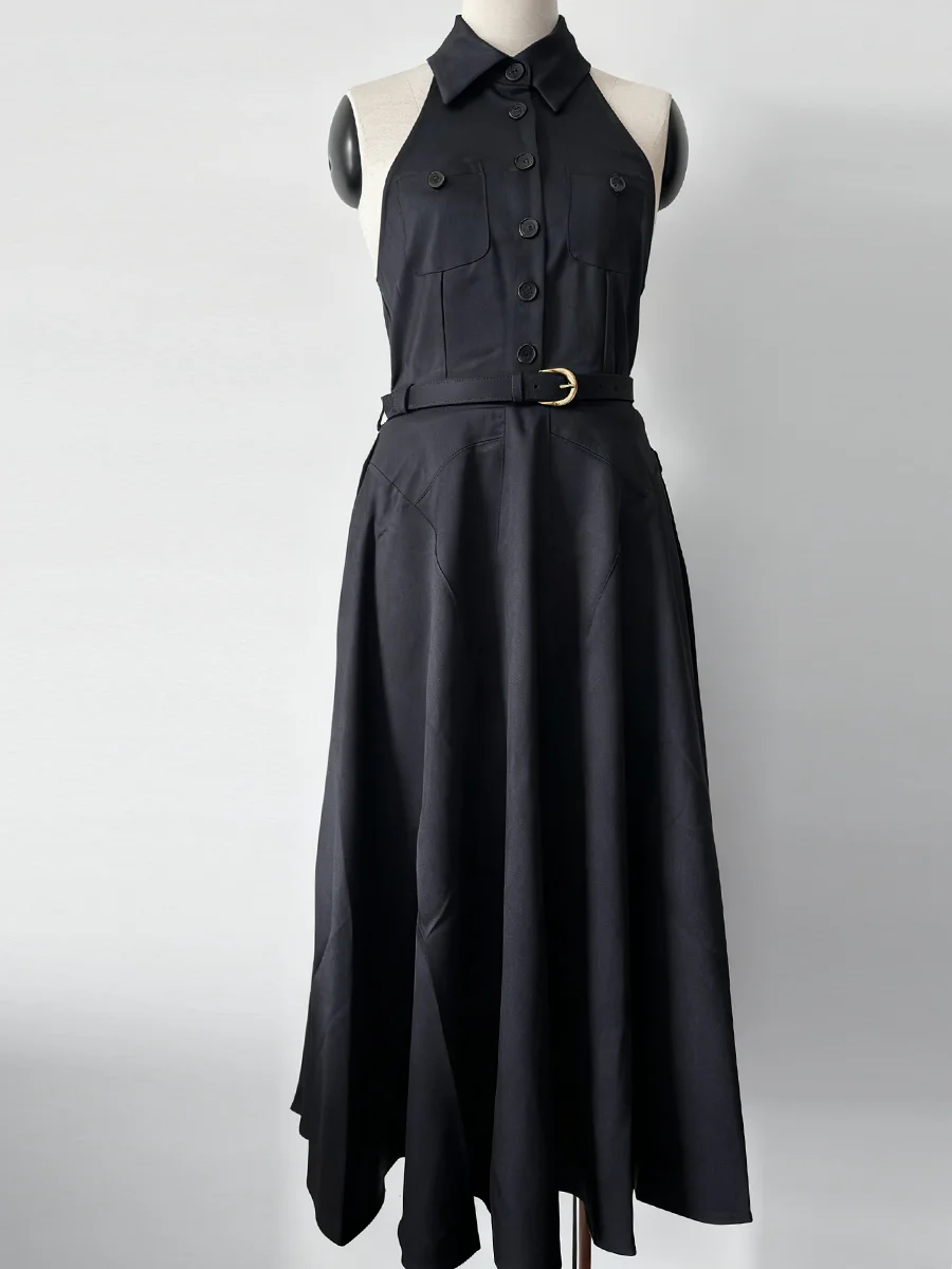 فساتين TWOTWINSTYLE متينة بحزام مقسم للنساء مع طية صدر السترة بدون أكمام بخصر عالٍ وأزرار مرقعة فستان أساسي للسيدات