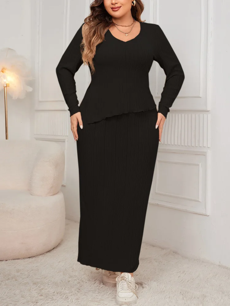 GIBSIE Plus Size Autumn Women Two Piece Set Solid V-neck Long Sleeve Split Tops Elegant Office Ladies Bodycon Maxi Long Skirts