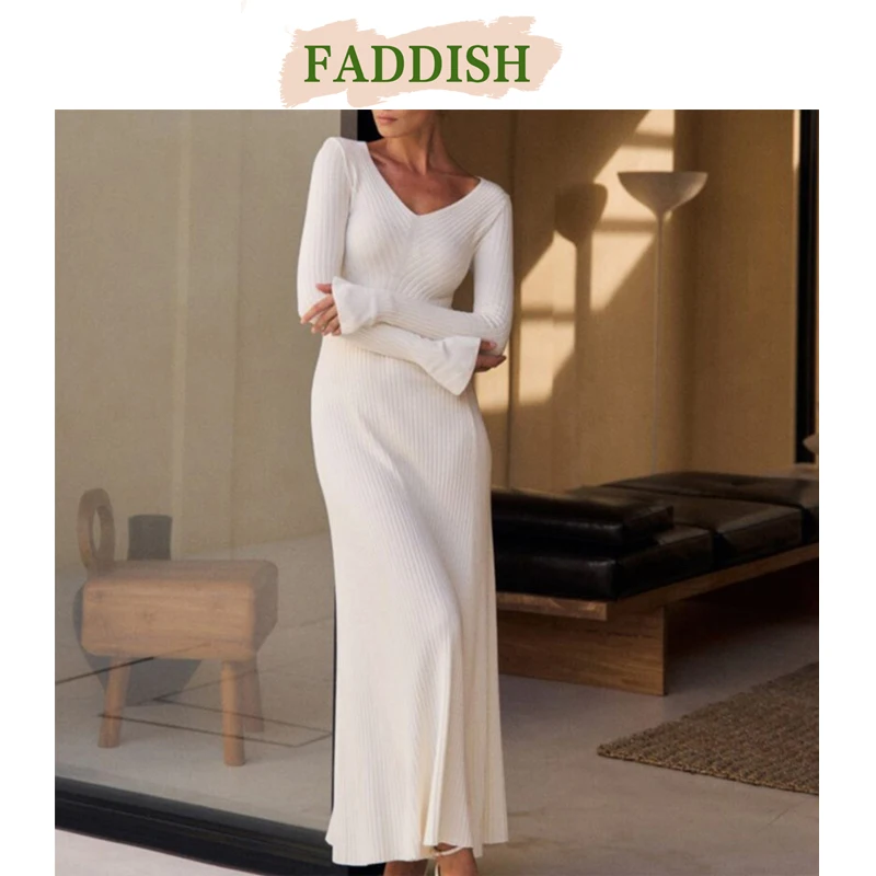 FADDISH 2024 Autumn Winter Woman Fashion Vintage V-Neck Knit Dress Female Solid Color Casual Long Sleeve Pullover Dresses