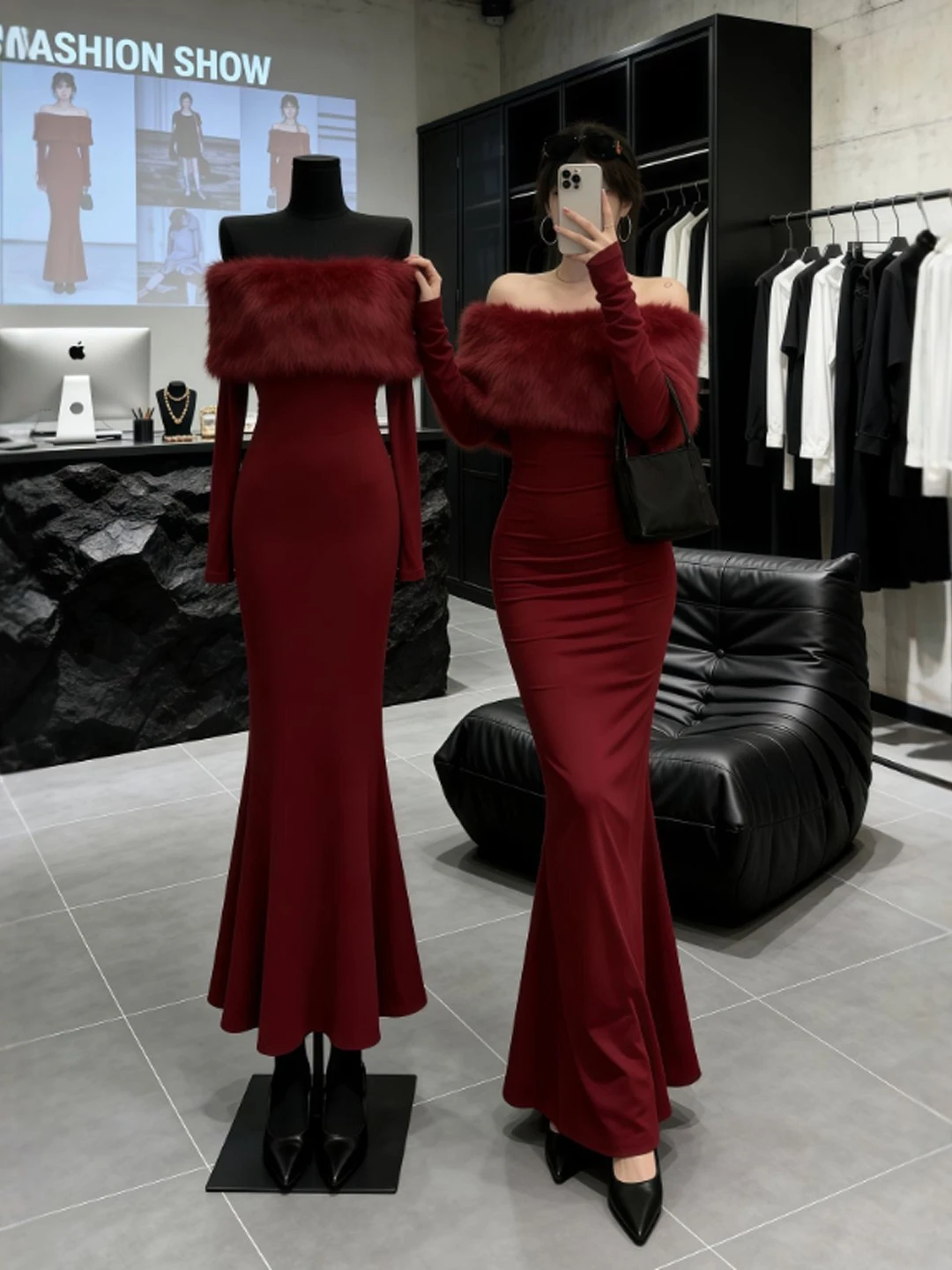 

Red Sexy Bodycon Fi Tail Dr Весна Новогодняя мода Хлопок с высокой талией Long Sve One oulder French Sle Dr