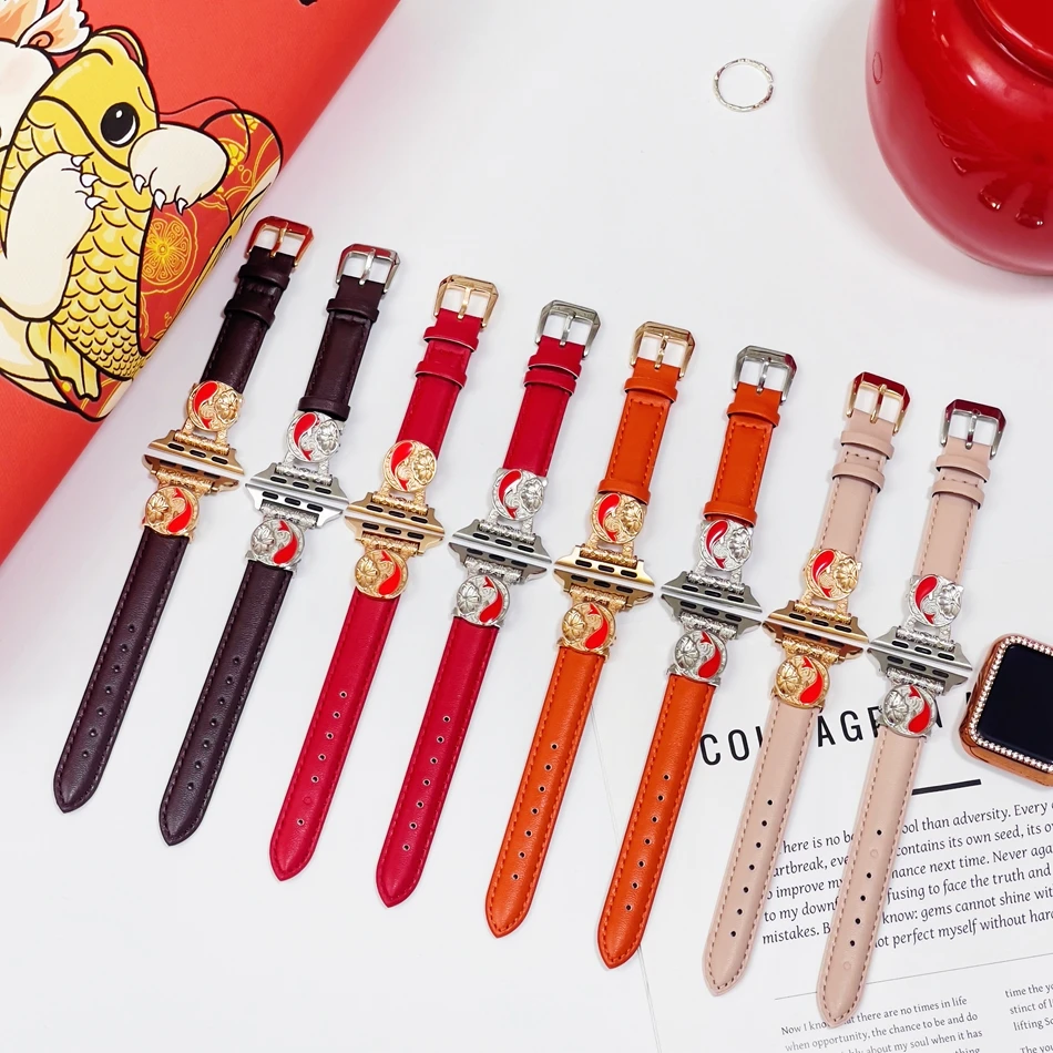 Leather Strap For Apple Watch Band Ultra 2 49mm 45mm 44mm 42mm 38mm 40mm 41mm Lucky Koi Bracelets Iwatch Series 9 8 7 6 SE 5 4 3