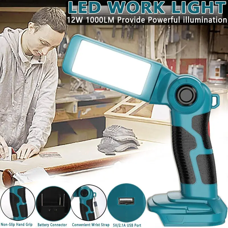 12W 1000LM LED Work Light Flashlight for Makita 18V Li-ion Battery BL1850 BL1830 Handheld Spotlight Desk Lamp with USB 5V 2.1A