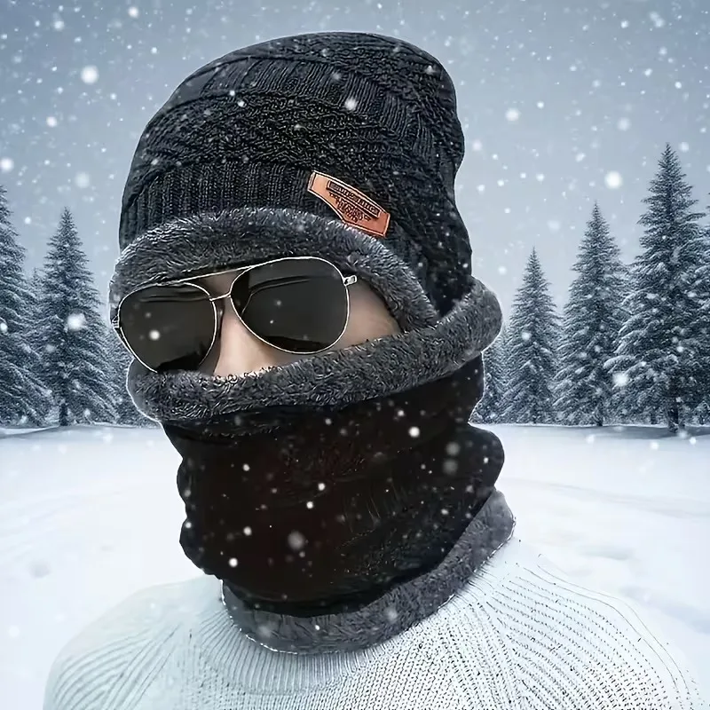 الشتاء الصوف وشاح قبعة سميكة أفخم الدافئة بيني قبعات الصوف متماسكة للرجال والنساء، ركوب الدراجات في الهواء الطلق التزلج قناع الرقبة الحماية الباردة
