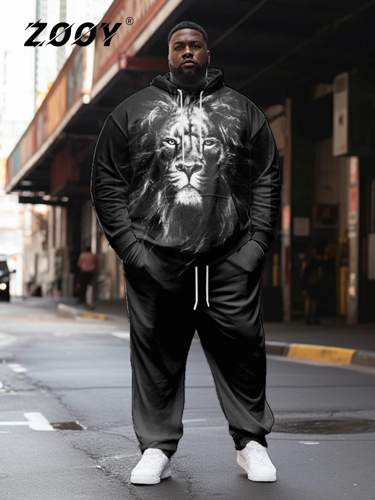 ZOOY (L-9XL) Men\'s Large Size Casual Corner Dark Lion Thunderbolt Retro Skull Hip Hop Street Hoodie Sweatpants Suit