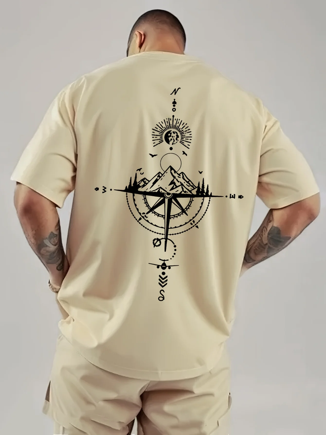 Summer men's 100% pure cotton casual sports loose oversized retro compass printed comfortable round neck short sleeved T-shirt