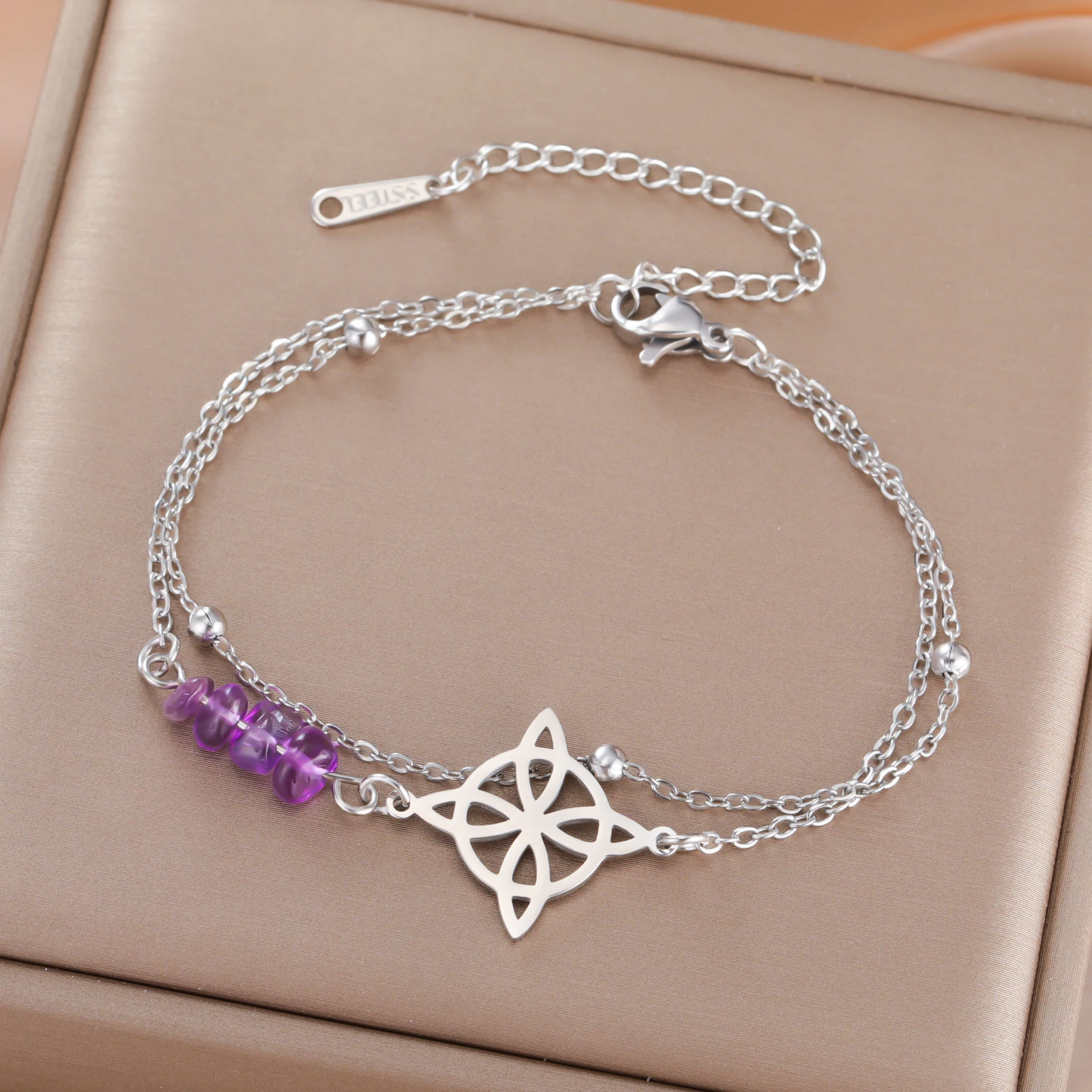 Skyrim-pulsera con dije de nudo de bruja de cristal púrpura para mujer, amuleto de cadena de cuentas de doble capa de acero inoxidable, regalo de joyería de brujería
