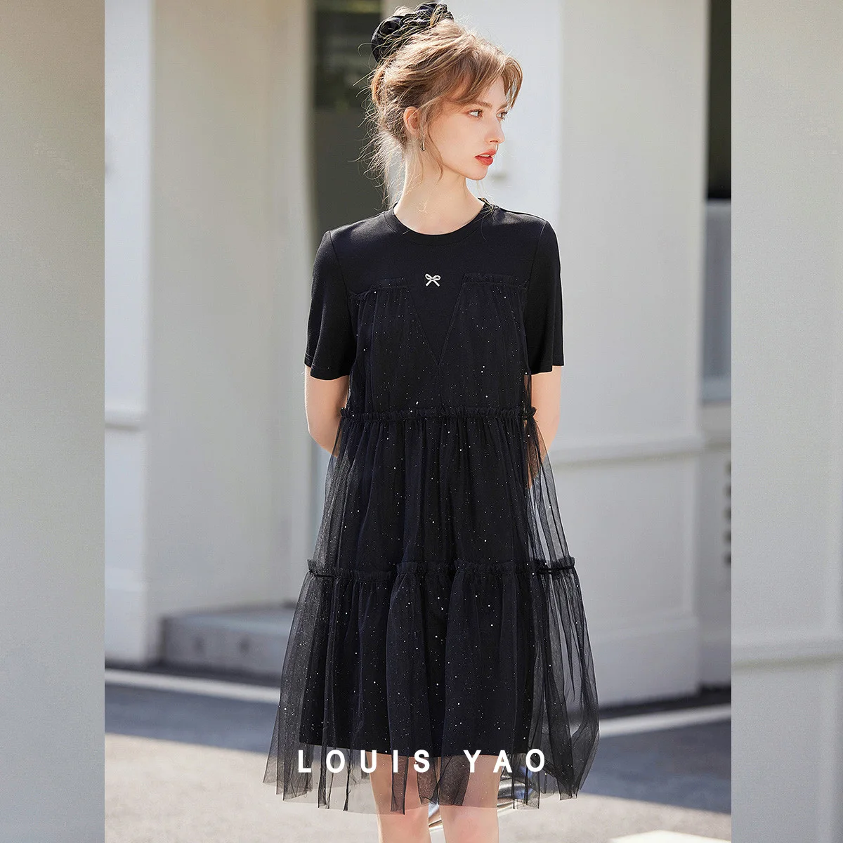 

LOUIS YAO Sparkling Mesh Splicing Dress 2025 Summer Fashion Fake Two piece T-shirt Skirt Short sleeved Women's Dress