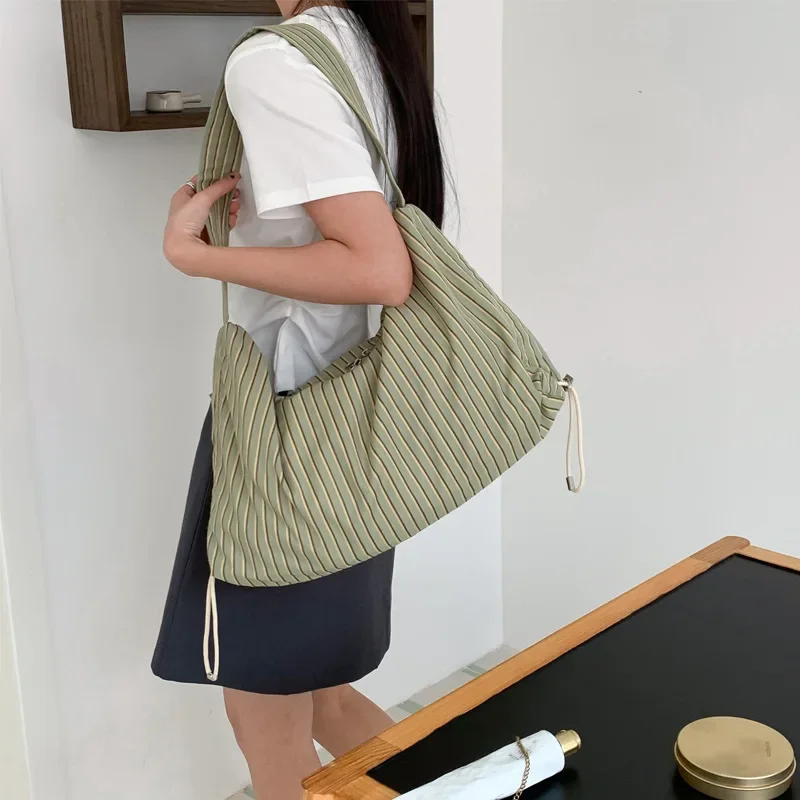 Simple Lazy Style Shoulder Bag Fashion Personalized Casual Tote Bag Stripe Versatile Large Capacity Nylon Shopping Bag