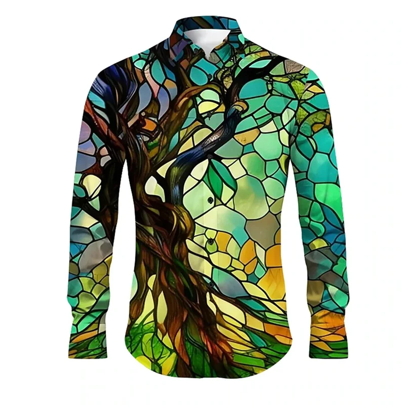 2024 Colorful Window Wolf Men's Casual Comfortable Shirt Party Street Vacation Spring/Summer Collar Long Sleeve Shirt