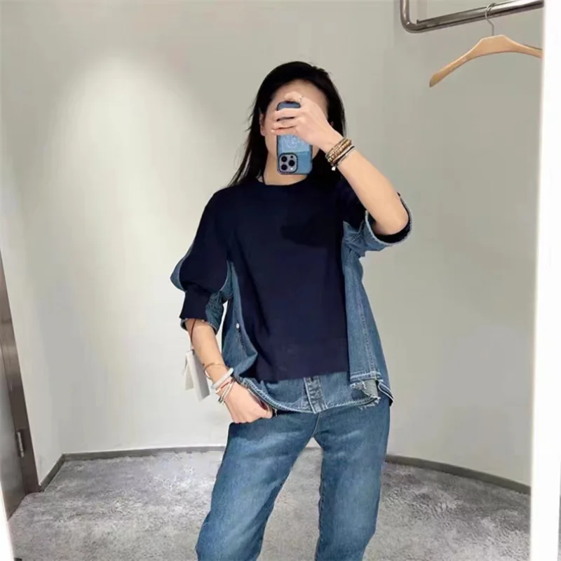 Nicho 2023 Primavera Nova Jean Pullover Camisola All-Matching Top Fashion Denim Costura Camisola de manga curta Blusa Denim Para As Mulheres