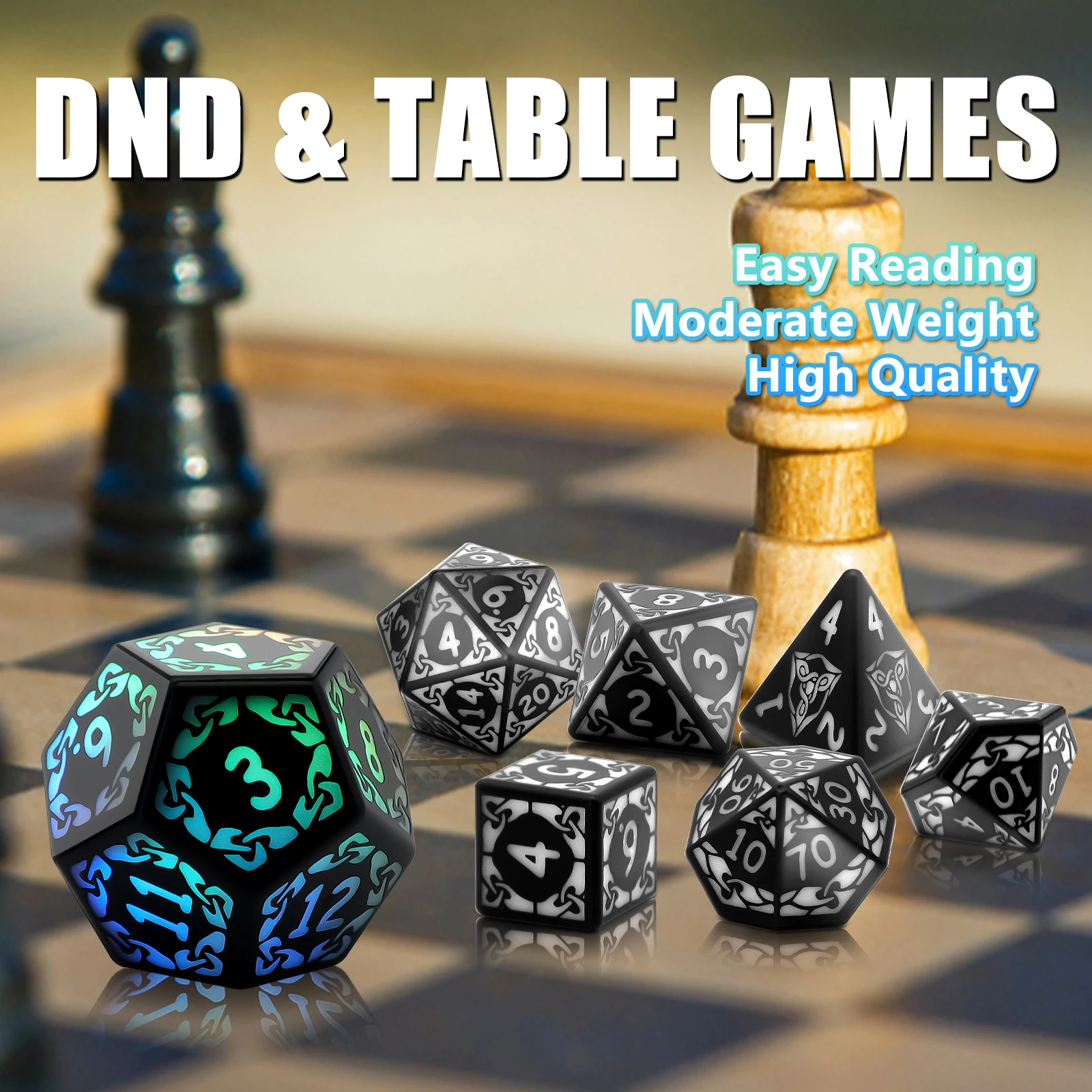 DND Dice Rechargeable with Charging Box, 7 PCS LED Electronic Dices for Tabletop Games D&D Dice 3-Color Glow