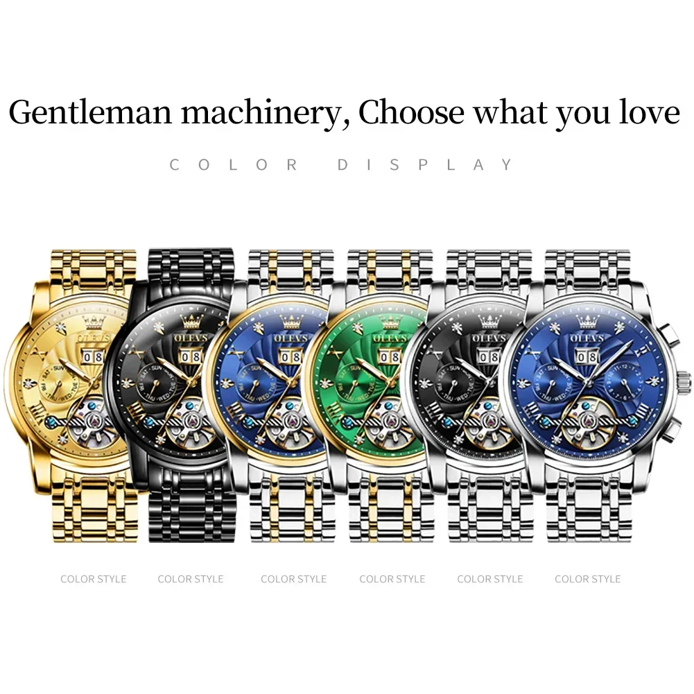 OLEVS Luxury Automatic Watches for Men Mechanical Skeleton Luminous Stainless Steel Men\'s Watch Replica Watches Male Wrist Watch