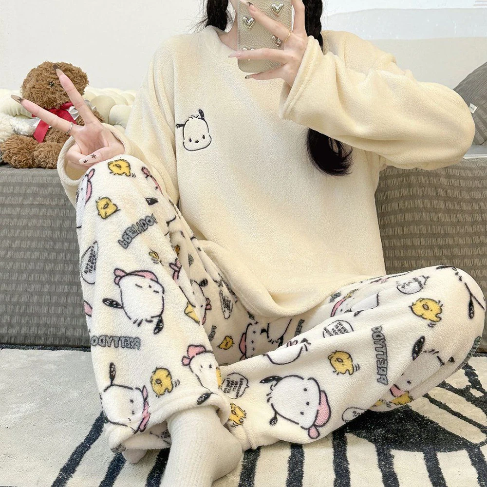 Sanrio Pompom Purin Winter Pajamas Y2K Kawaii Cartoon Women's Warm Sleepwear Pant Long Sleeve Nightwear Flannel Home Clothes New view 2