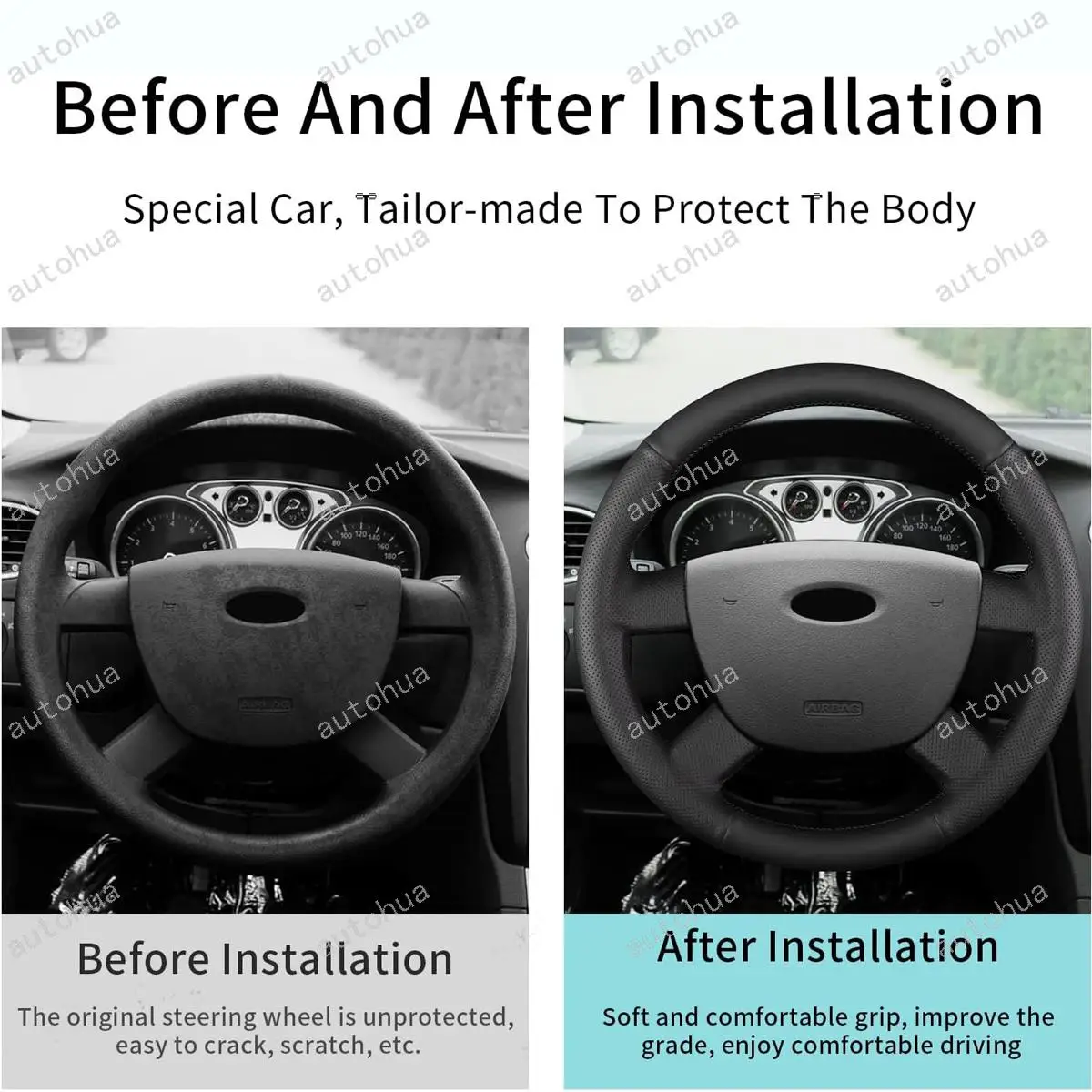 غطاء عجلة القيادة مخيط يدويًا لسيارة Ford 2008 Kuga/2007 C-MAX/2003 Focus CMax، جلد من الألياف الدقيقة غير قابل للانزلاق وجيد التهوية