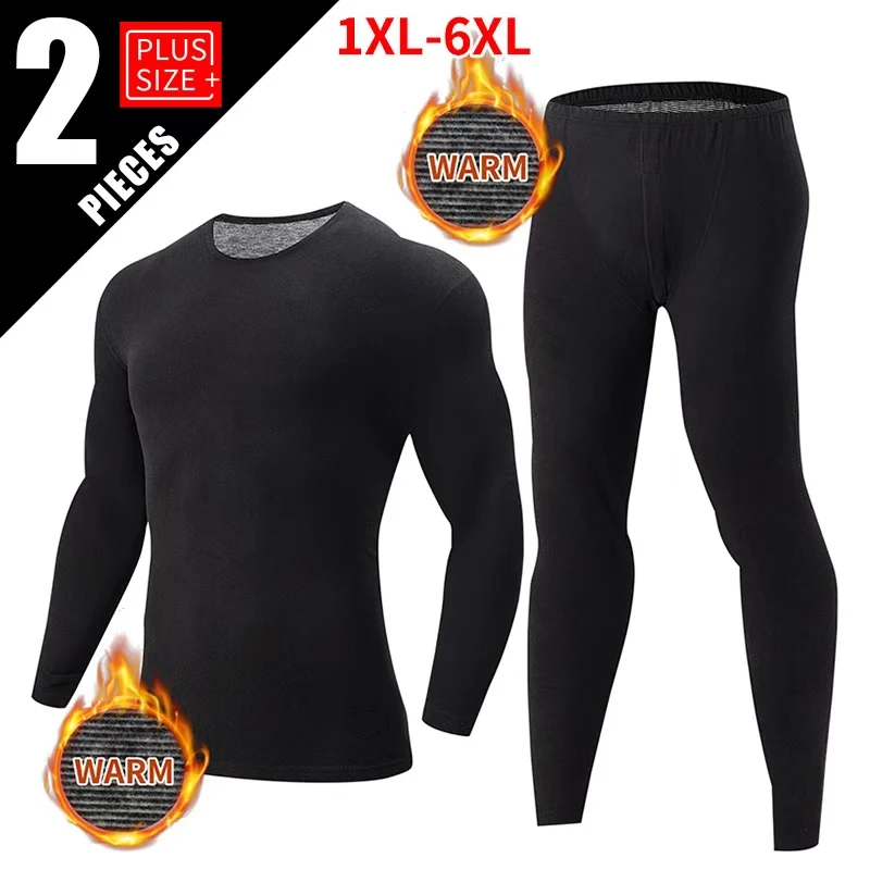 

2-piece Men's Autumn And Winter Oversized 1XL-6XL Thermal Underwear Set Obese Men's Black Slimming And Comfortable Sleepwear