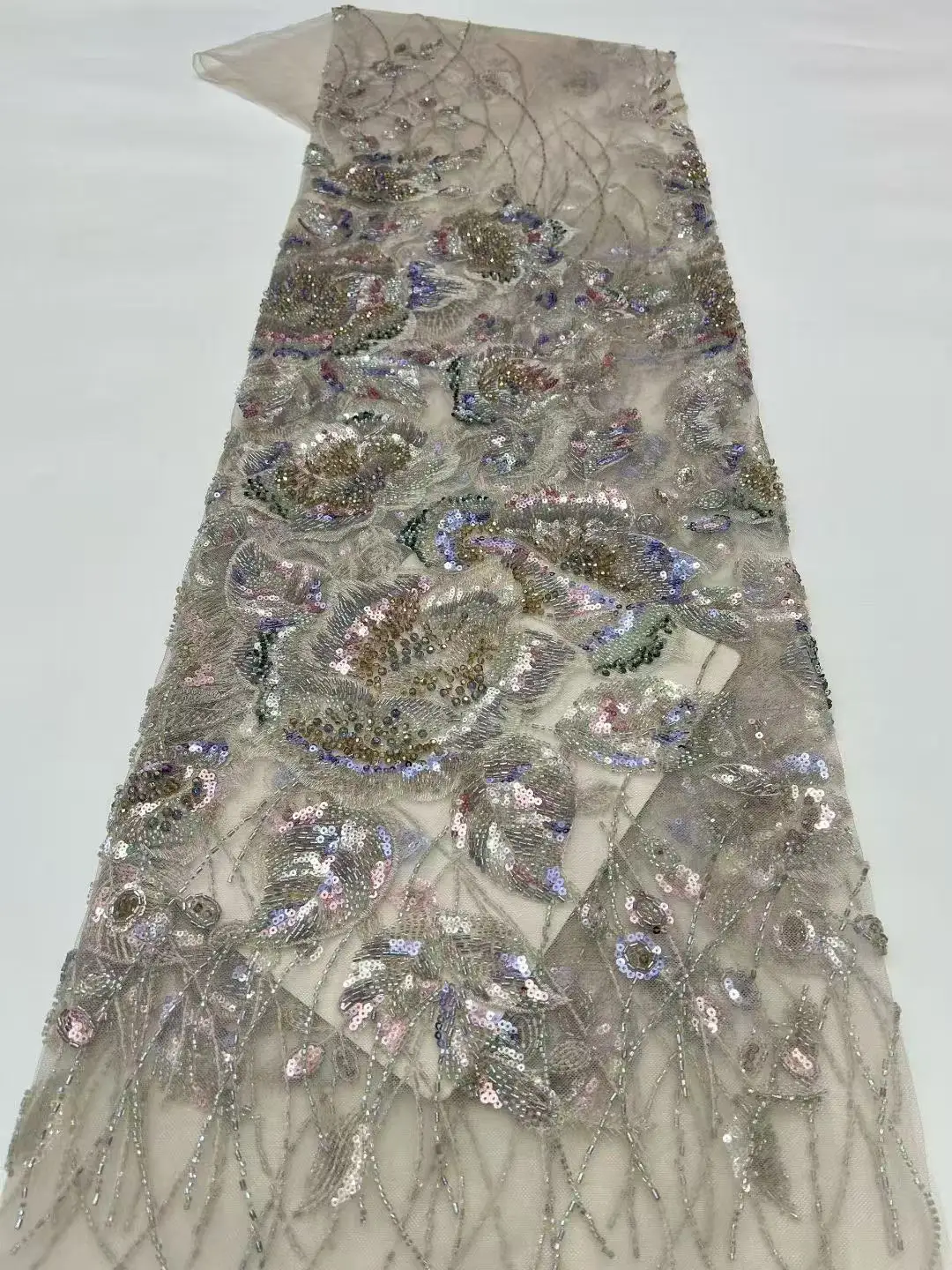 African 2025 Beaded nigerian Lace Fabric 5 Yards Tulle Mesh Sequins Embroidered for Weddings Party Dresses French Style