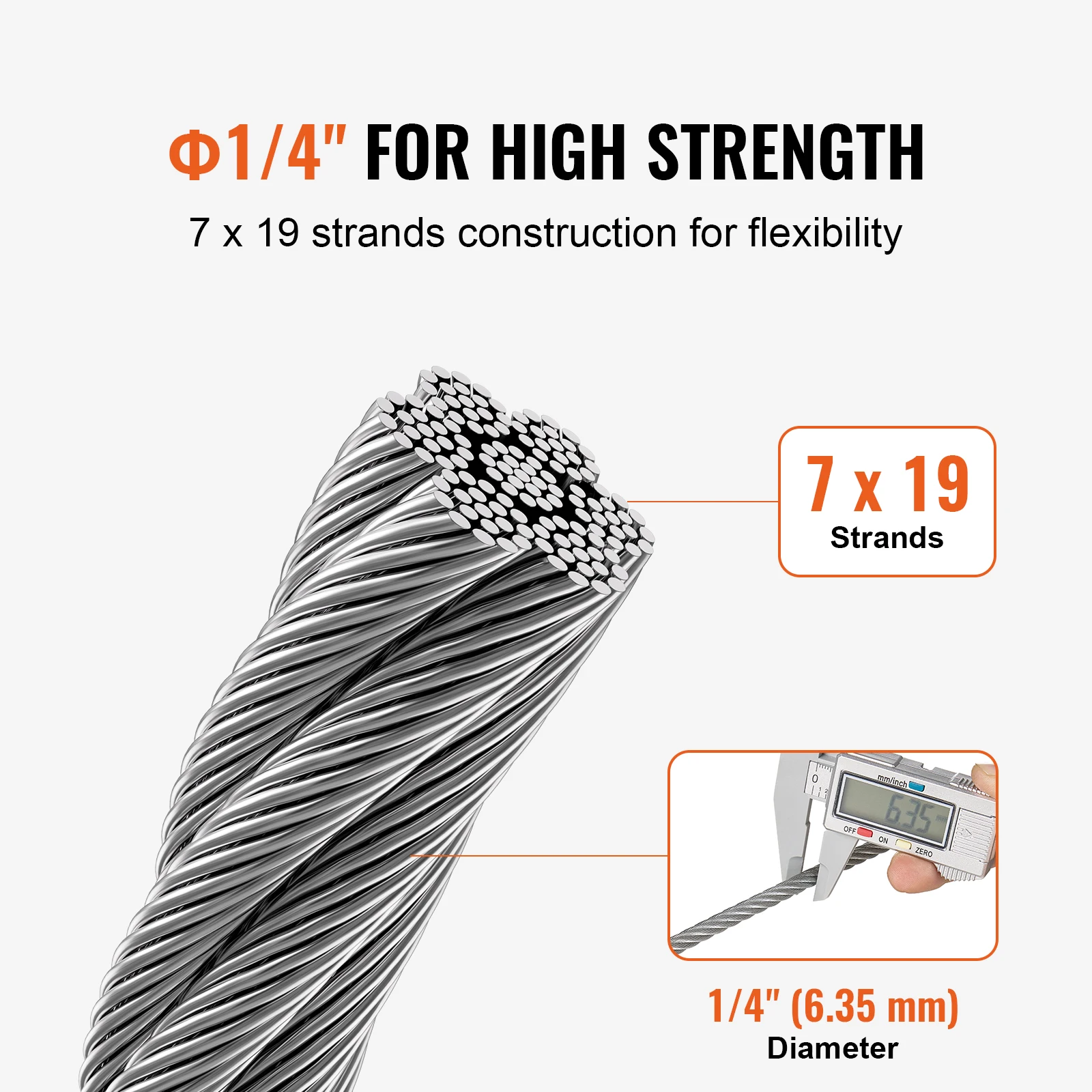 VEVOR 250 ft Wire Cable Rope Stainless Steel 7 x 19 Strands Wire Cable Garden Railing Wire Fence Roll Kits for Outdoor Tent