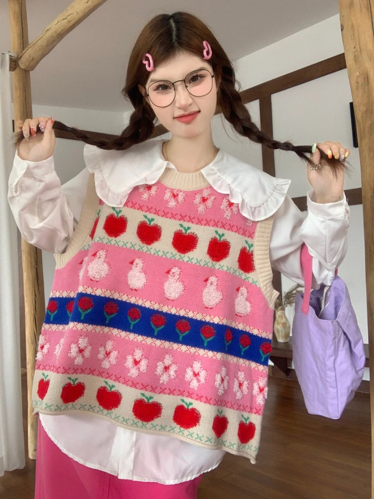 2024 Cartoon Knitted Vest Sweater Women Preppy Style Kawaii O-Neck Contrasting Colors Sleeveless Sweaters New Y2K Cute Pullovers