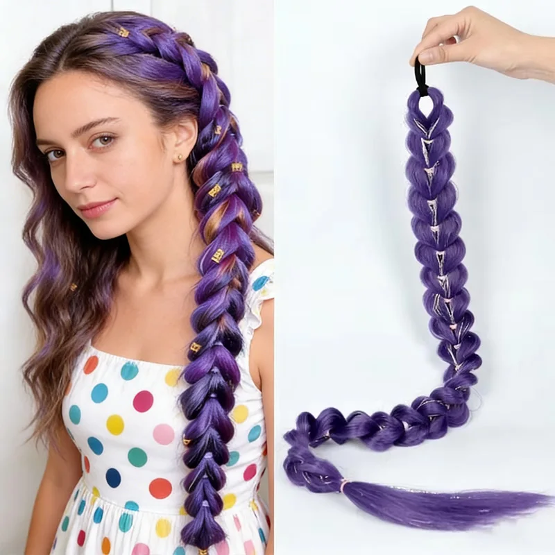 32 Zoll lange synthetische lila geflochtene Perücke |   Glänzende Metallische Damen-Weihnachtskostüm-Perücke mit Gummiband Pferdeschwanz Bubble Braids
