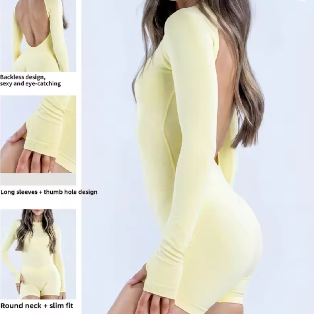 Denyf  modeImpact Long Sleeve One Piece Jumpsuit Women Backless Slim Fit Elastic Tummy Control Yoga Gym Sports Workout Bodysuit