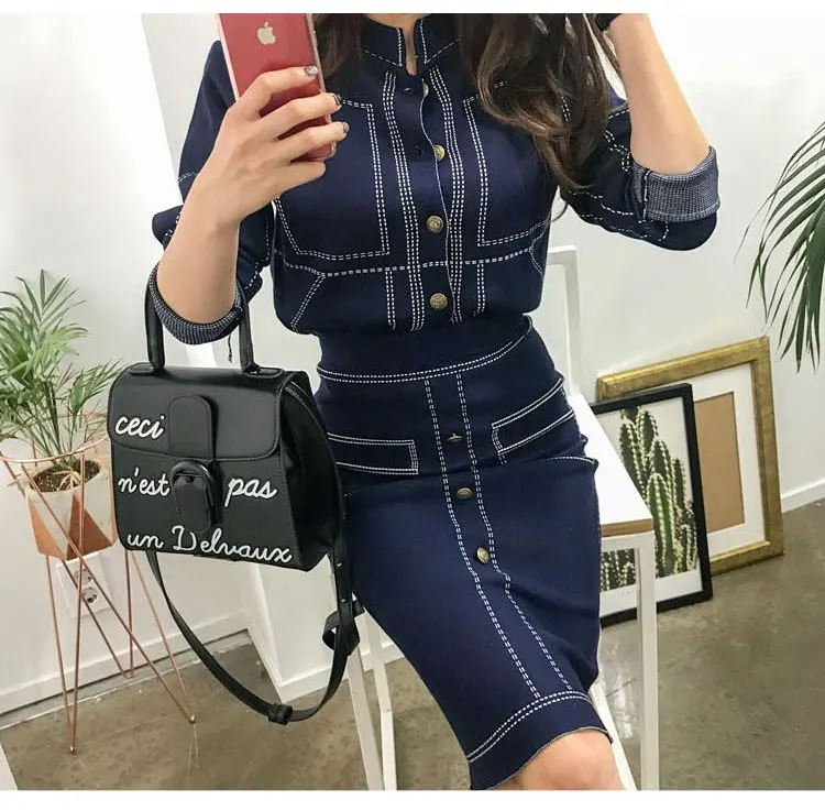 New Spring Knitted Two Piece Set Women Fashion O-neck Long Sleeve Sweater Tops Sheath Split Skirt Solid Office Lady Suit