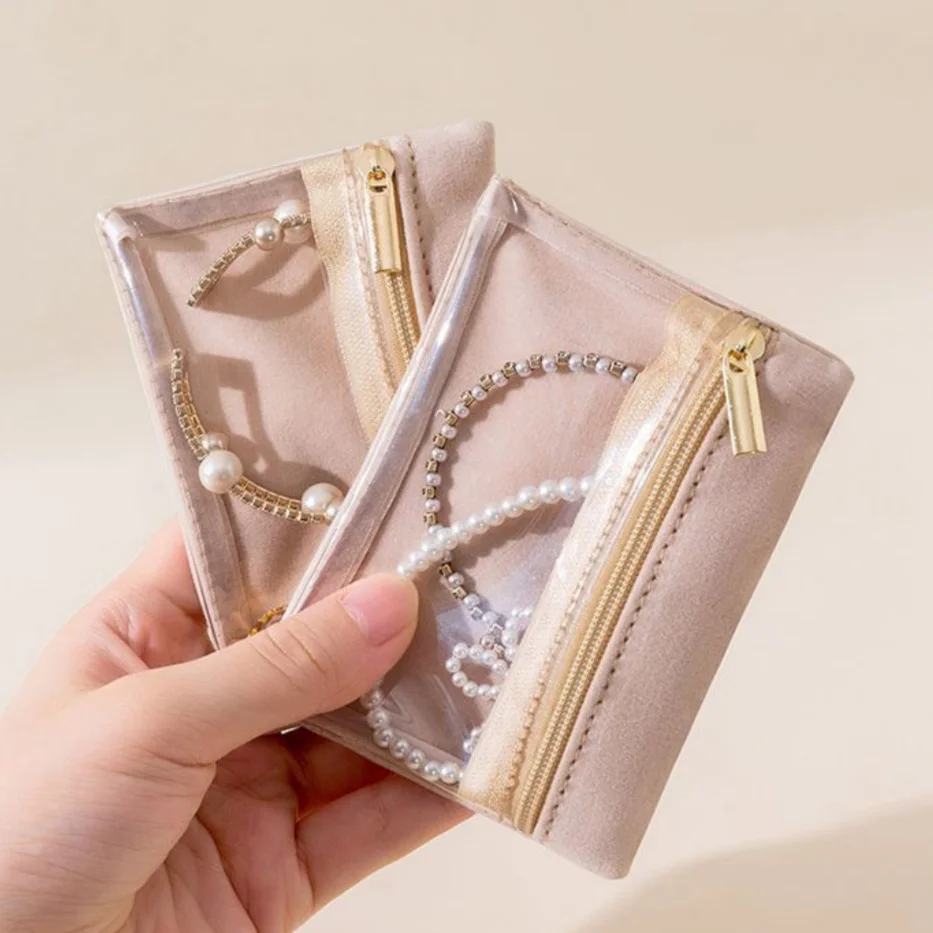 Mini Velvet Transparent Jewelry Storage Bag Portable Travel Zipper Accessory Pouch for Rings Earrings Necklaces Bracelets