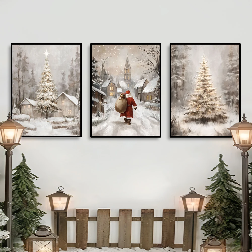 

Set of 3 Santa Claus Christmas paintings home decoration, wall canvas decoration, ideal gift for hallway bedroom and living room