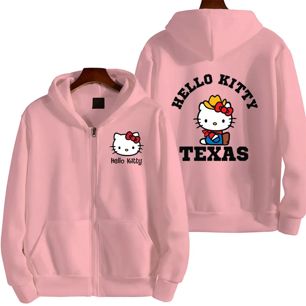 Hello Kitty Men Zip Up Hoodie Jacket 2024 New Spring Autumn Casual Women Sweatshirt Cartoon Anime Couple Oversized Clothes Coats