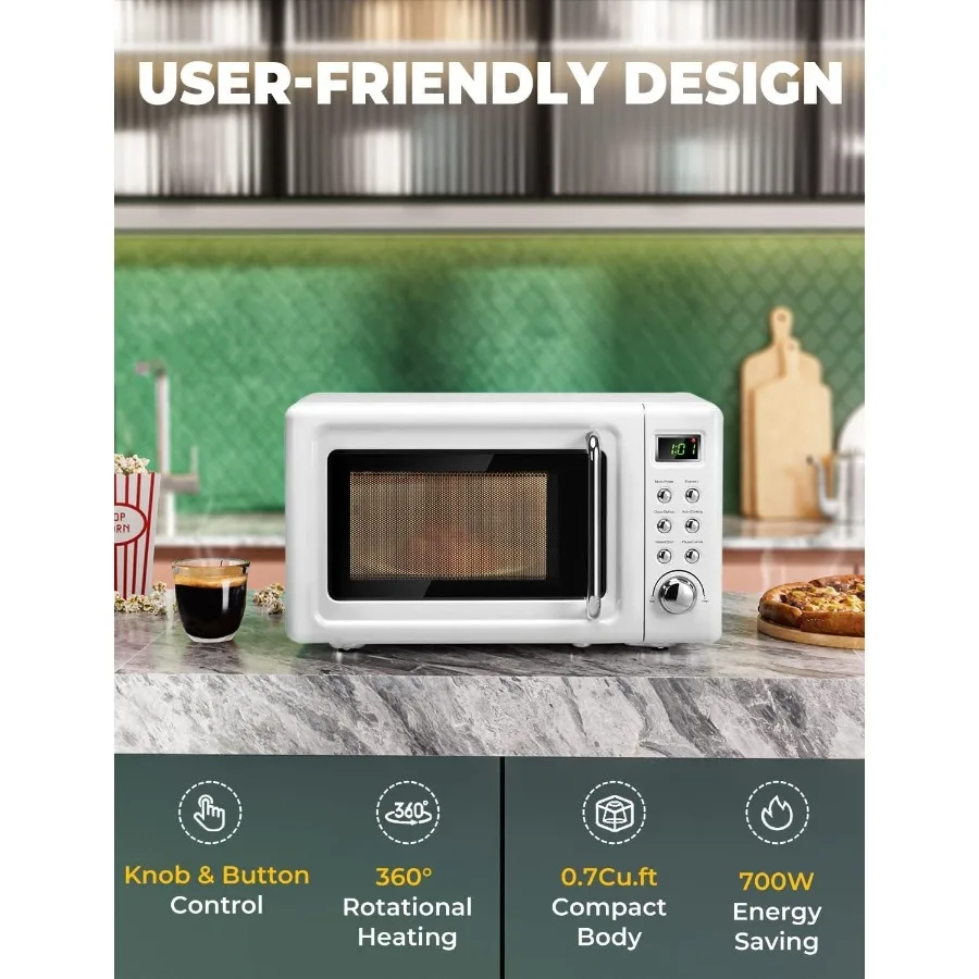 Compact Retro Microwave Oven for Small Kitchens 0.7cu.ft Countertop Design with Removable Turntable and Child Safety Lock Featu