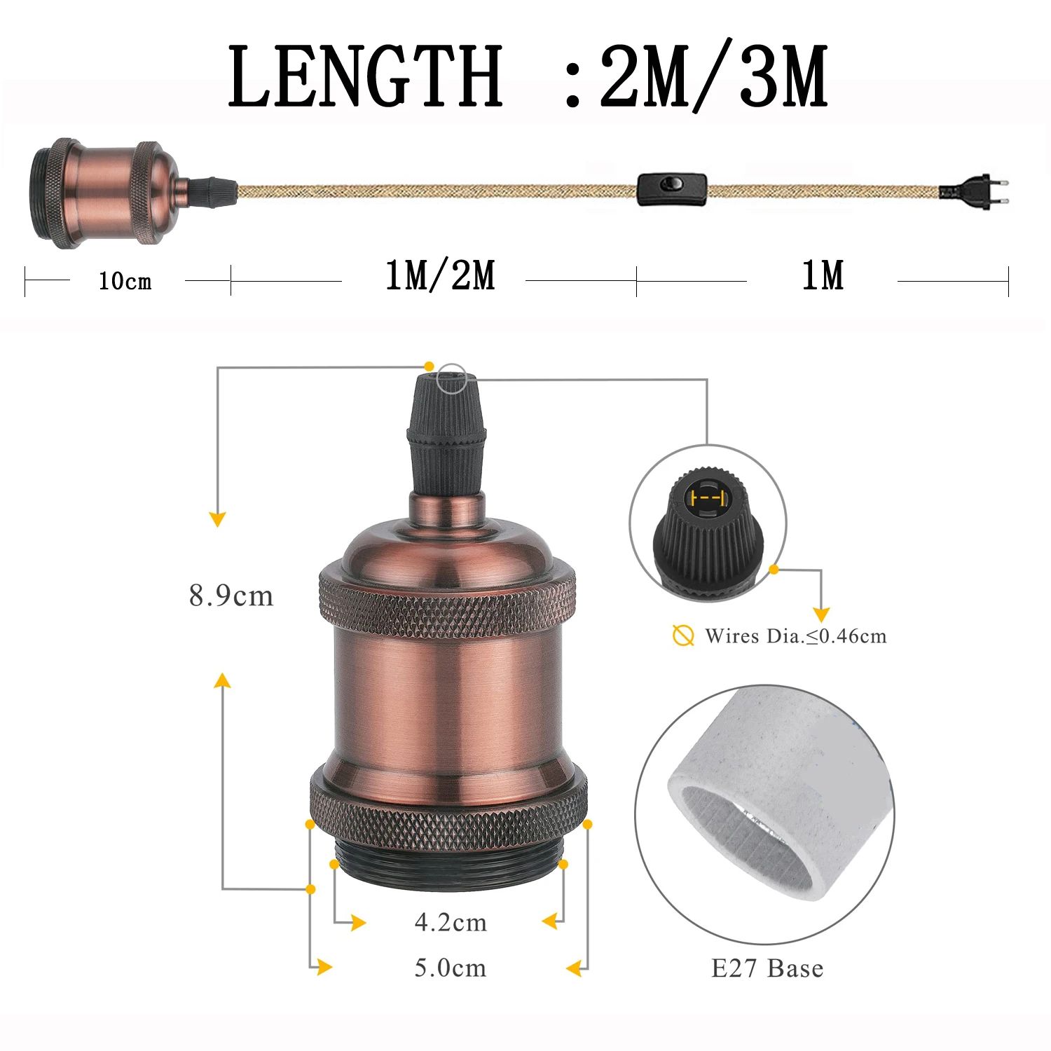 Genixgreen E27 Lamp Base Power Cord EU Plug Hemp Rope 2Meter Electrical Wire Lampholder Copper Socket Retro ON/OFF Switch Cable