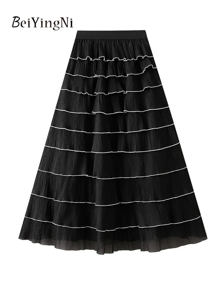 Beiyingni Franse Elegante Vrouwen Lange Taart Rokken Ruches Tiered Luxe Temperament Grijs A-lijn Maxi Rok Jupes Vrouwelijke Kleding
