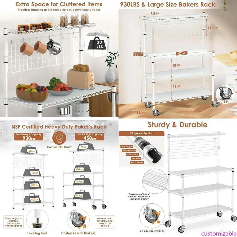 

42 Inch Kitchen Microwave Stand with Storage and Wheels, 4-Tier Heavy Duty Cart Rack