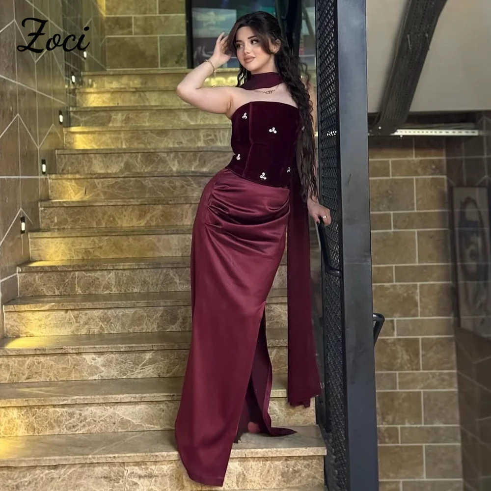 

Zoci 2026 Formal Evening Dress Red Velvet Satin Strapless Maxi Dress Customized Beading Sleeveless Party Gown