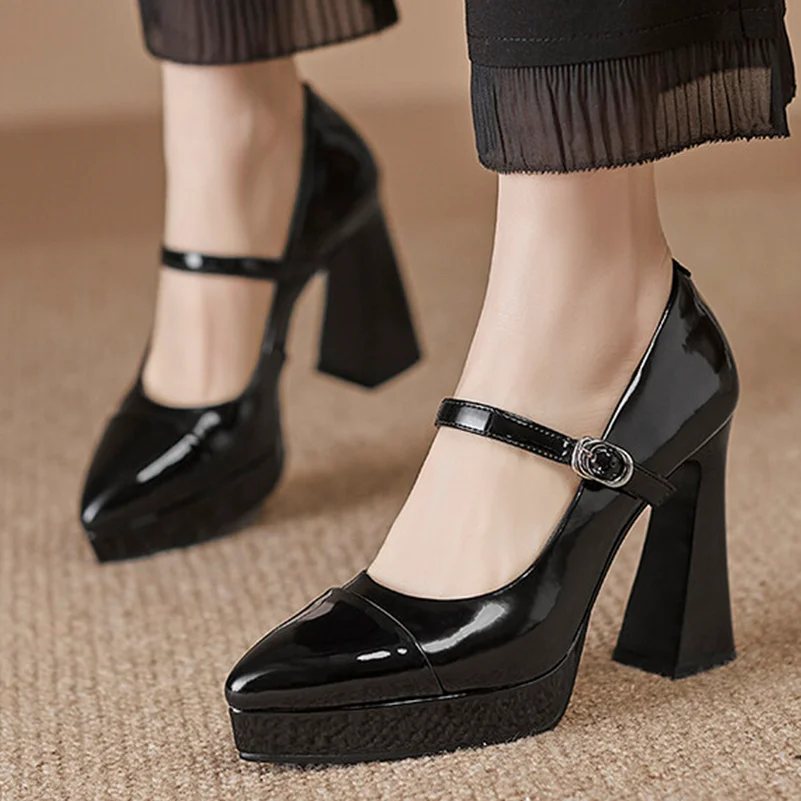 ANNYMOLI Women Genuine Leather Pumps High Hoof Heels Pointed Toe Mary Janes Buckle Mixed Colors Party Spring Autumn Shoes Black