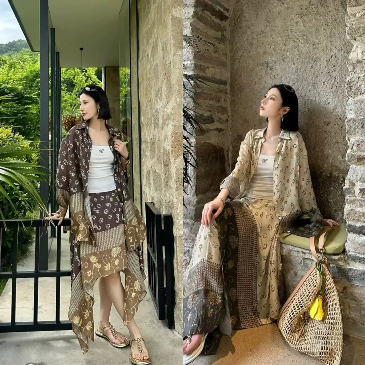 

Женская повседневная свободная рубашка с художественным винтажным принтом, длинными рукавами, средней длины, с воротником, на пуговицах, лето 2025