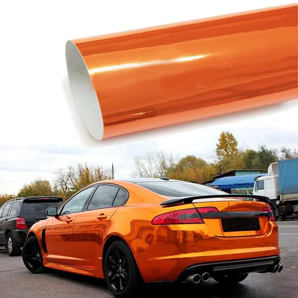 1M x 1.52M Stretchable Metallic Plating Orange Vinyl Wrap Motorcycle Decals Car Exterior Sticker Mirror Gloss Film Sheet Roll