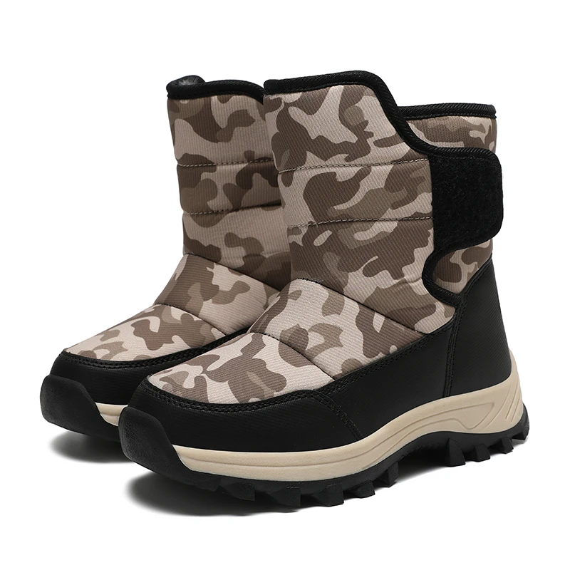 Boys winter Boots 2026 kid's Thickened Faux Fur Mid Calf Geometric Pattern Non-Slip Waterproof Cold Weather Shoes for Students